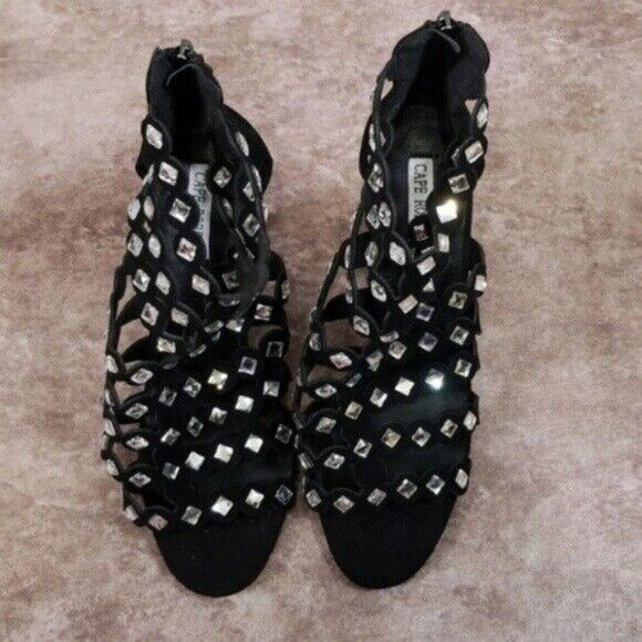 Cape Robbin Alza-6 Black Suede Strappy Rhinestone Heels Women's 8.5 - Picture 2 of 7